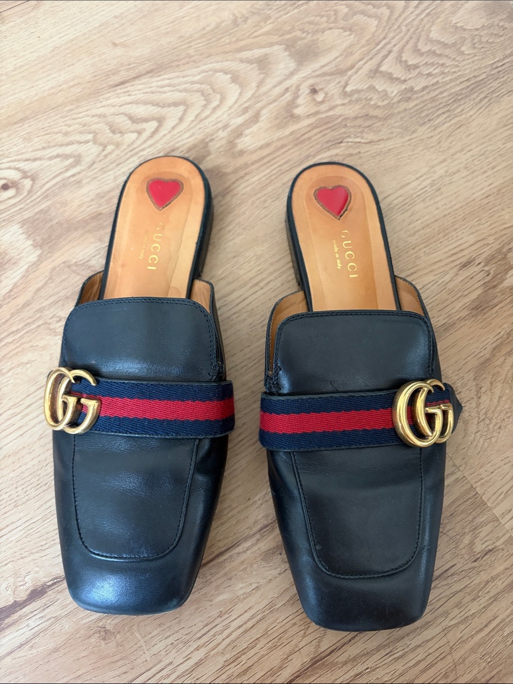 Gucci Peyton Black Leather Web GG Mule Loafers Slides Size 38